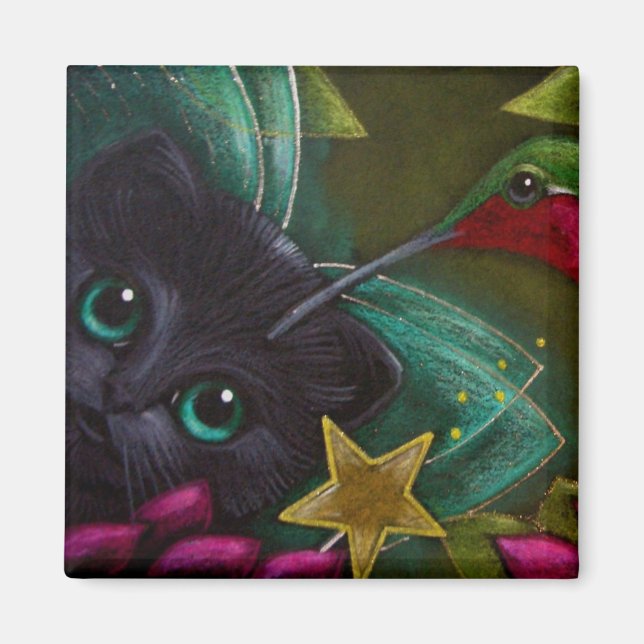 Imã FAIRY NEGRO KITTEN CAT & HUMMINGBIRD Magnet (Frente)