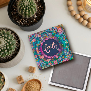 Imã Faith Bonito Diversão Inspirivência Floral Azul