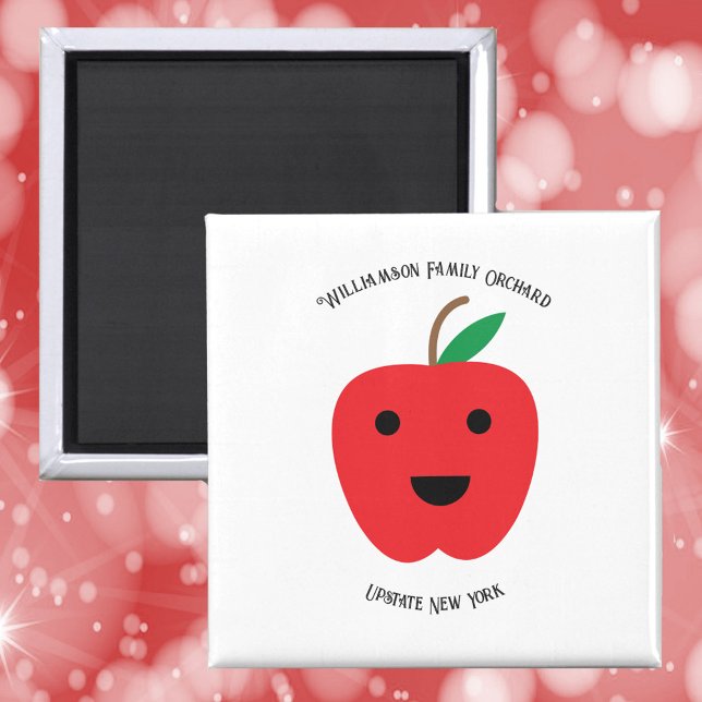 Imã Família Apple Orchard Cute Personalizar (A magnet with a cute red apple with a smile and text you can personalize!)