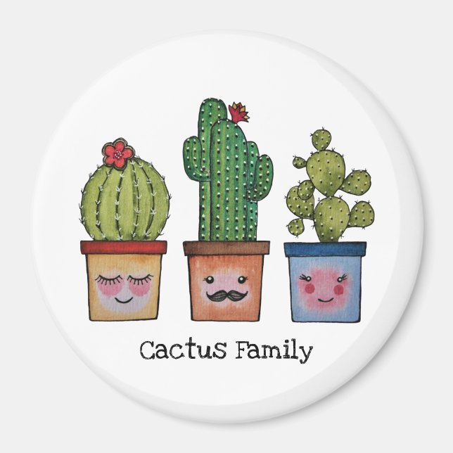 Imã Família Cute Cactus Em Aquarela (Frente)