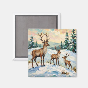 Imã Família de Rena Vintage Pintura de Inverno Prado