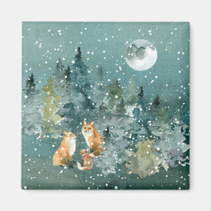 Imã Família Fox em queda de neve na lua cheia na flor