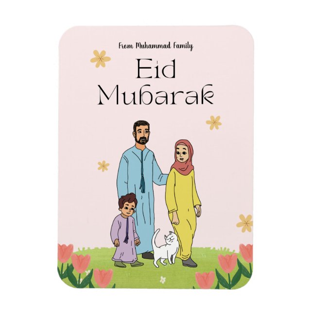 Ímã Família Muçulmana Eid Mubarak Personalizada e Gato (Vertical)