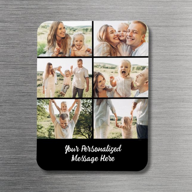 Ímã Family Custom Black 6 Photo Collage Text  (Criador carregado)