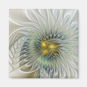 Imã Fantasia Flor de Prata Dourada Arte Fractal Abstra