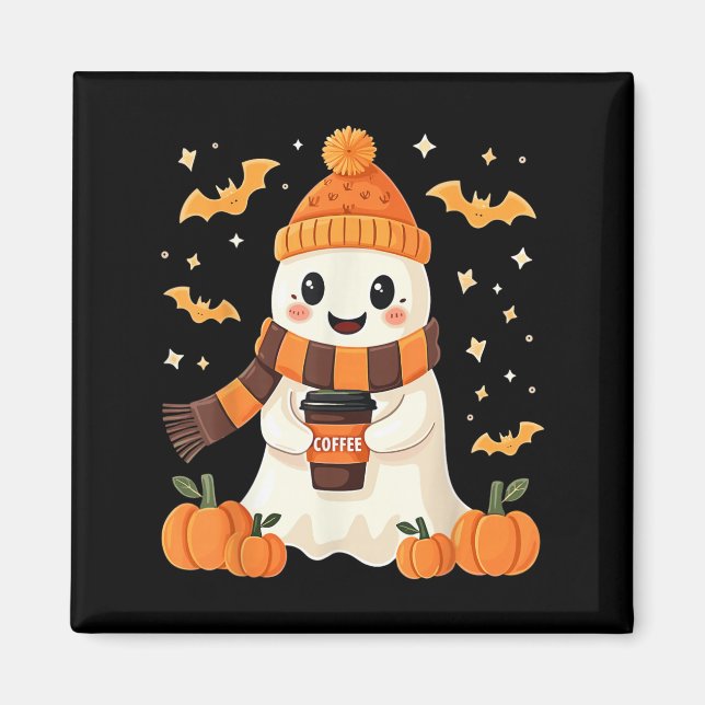 Imã Fantasma Bebendo Café Halloween Fantasma Fofo Café (Frente)