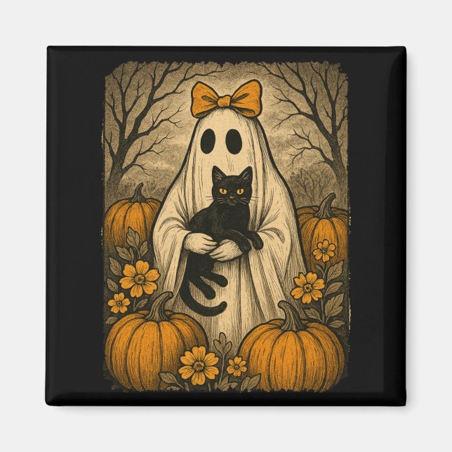 Imã Fantasma de Halloween Antigo Segurando Gatinho Pre (Frente)
