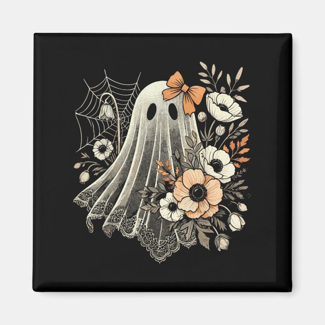 Imã Fantasma de Halloween com Flores Vintage (Frente)