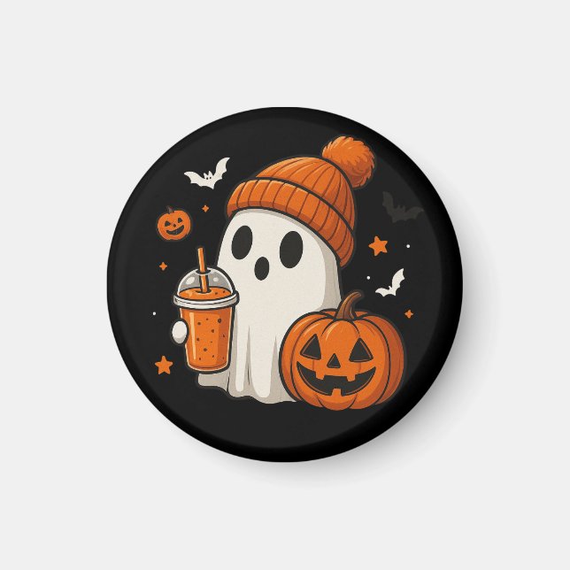 Imã Fantasma de Halloween Fofo com Abóbora e Bebida  (Frente)