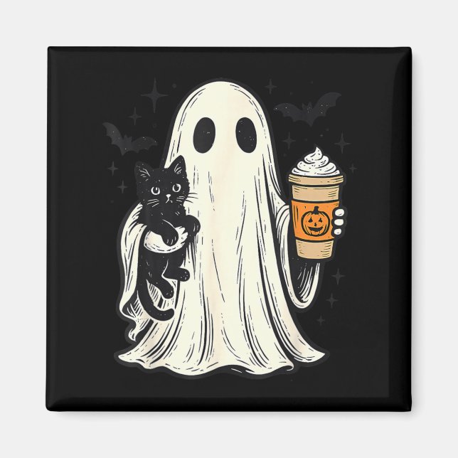 Imã Fantasma de Halloween Fofo Segurando Gato Preto Ca (Frente)