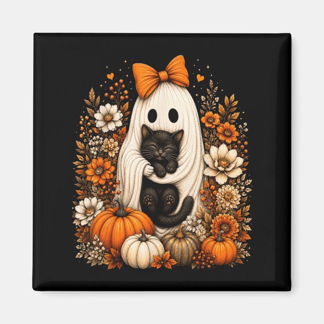 Imã Fantasma de Halloween segurando abóbora floral de  (Frente)