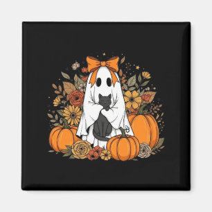 Imã Fantasma de Halloween segurando gato preto floral