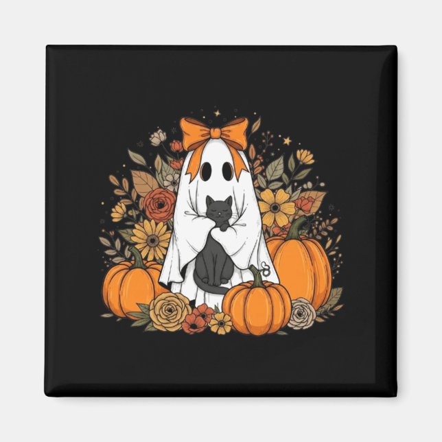 Imã Fantasma de Halloween segurando gato preto floral  (Frente)