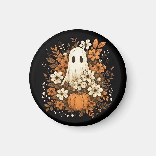 Imã Fantasma Fofo Com Abóbora E Flores De Outono – Hal (Frente)