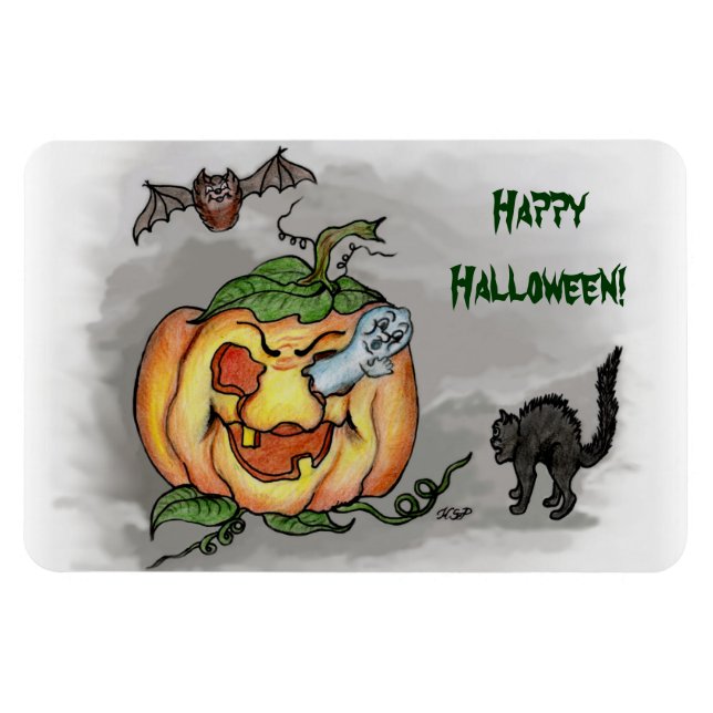 Ímã fantasma, morcego e gato, Feliz Halloween! (Horizontal)