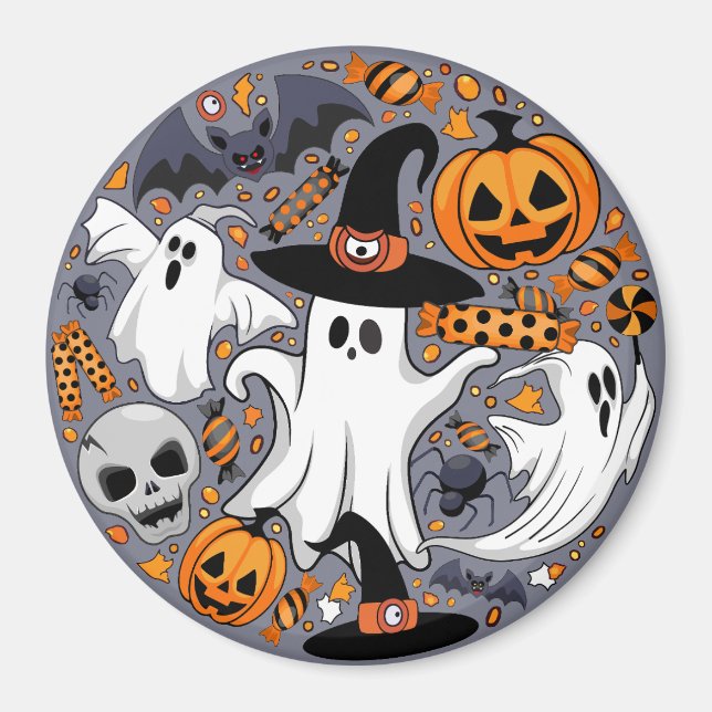 Imã Fantasmas Spooky e Monstros Cute Assustadores (Frente)