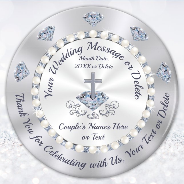 Imã Fantástico Personalizado, Favoritos Cristãos De Ca (Christian wedding favors for Guests. Diamond Theme Christian Wedding Ideas. Silver and White. Cross )