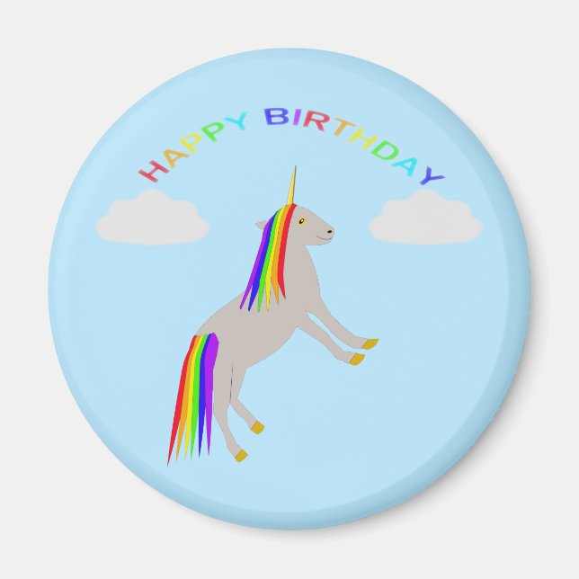 Imã Fantasy Birthday Unicorn Rainbow and Clouds (Frente)