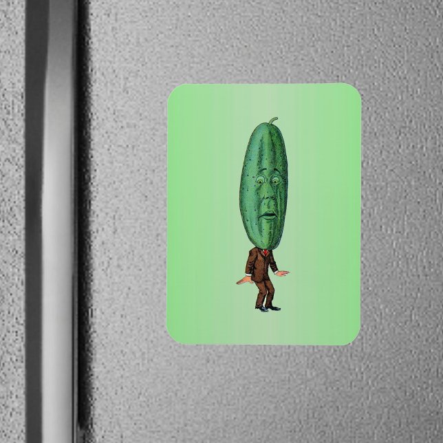 Ímã Fantasy Pickle Man Brown Suit (Funny man in suit big green pickle head with face on green rectangular magnet.)