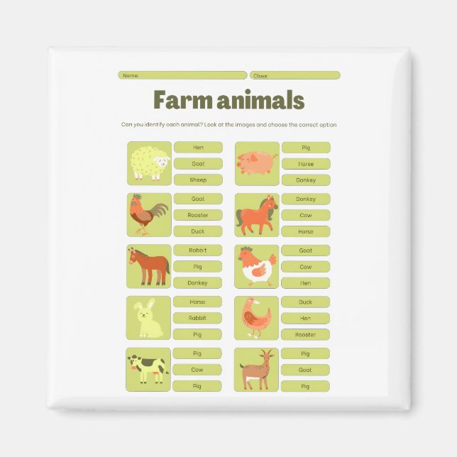 Imã Farm Animals Identification Educational Worksheet (Frente)