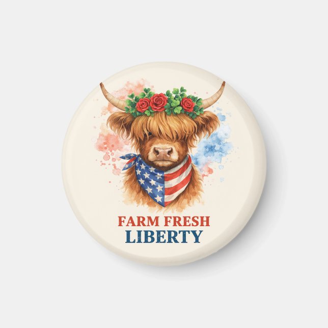 Imã Farm Fresh Liberty Highland Cow Patriotic USA Art (Frente)