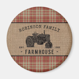 Imã Farmhouse Trator Red Xadrez Burlap Round