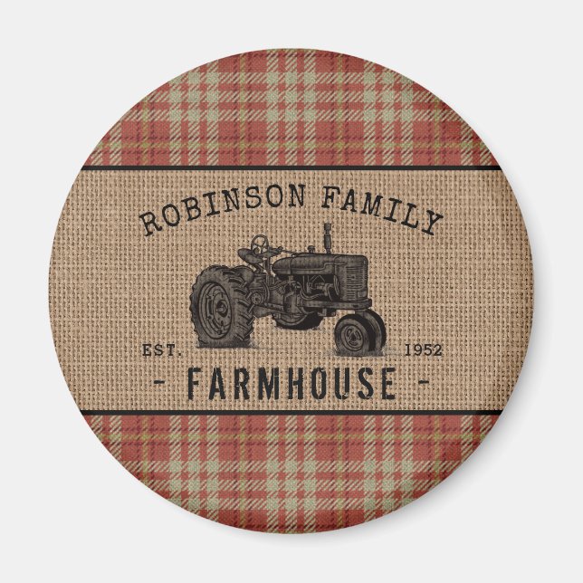 Imã Farmhouse Trator Red Xadrez Burlap Round (Frente)