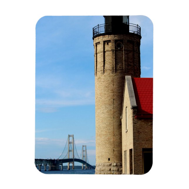 Ímã Farol antigo do ponto Mackinac e Ponte Mackinac (Vertical)