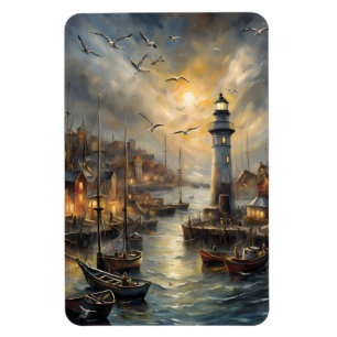 Ímã Farol Costeiro e Aldeia Costeira Arte Sunset