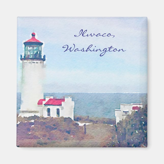 Imã Farol de Cabeça Norte Ilwaco, WA Watercolor Impres (Frente)