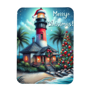 Ímã Farol Tropical de Natal Whimsical Vermelho Teal
