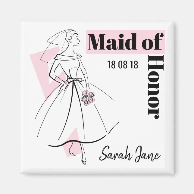 Imã Fashion Noiva Cor-de-rosa Data Nome quadrado (Frente)