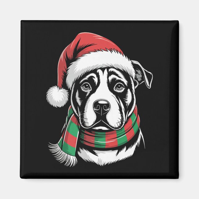 Imã Fato de Natal para Cachorro Pitbull com Chapéu e C (Frente)
