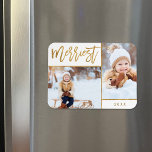 Ímã Faux Gold Foil 2 Feriado Fotográfico Merriest<br><div class="desc">Ímanes de fotos de feriado personalizados impressos com modelos simples para personalização. Este design elegante apresenta um layout de colagem de duas fotos em um fundo branco. O texto moderno do roteiro de caligrafia diz Merriest em folha de ouro falsa. Personalize-o com suas próprias fotos e adicione o ano ou...</div>