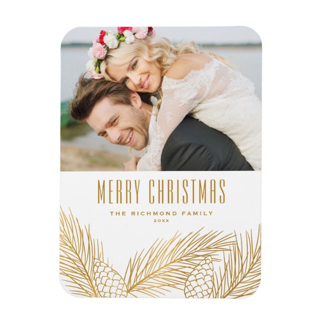 Ímã Faux Gold Foil Pine Agulha Feliz Foto de Natal (Vertical)