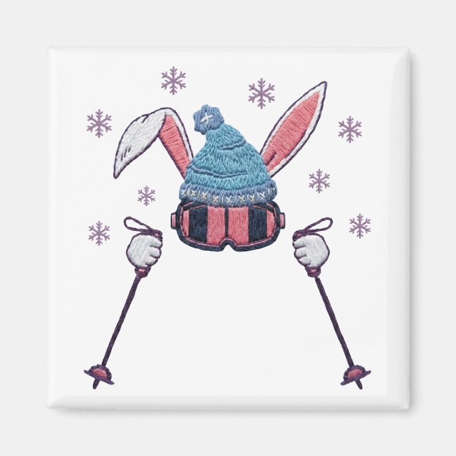 Imã Faux yarn skiing rabbit winter humor (Frente)