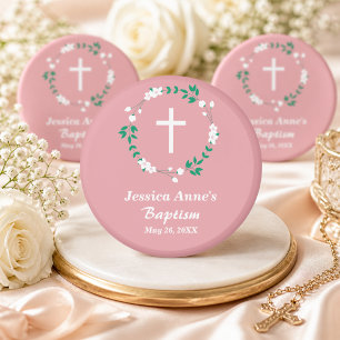Imã Favor de Batismo Cruz Floral Branco Rosa Empoeirad