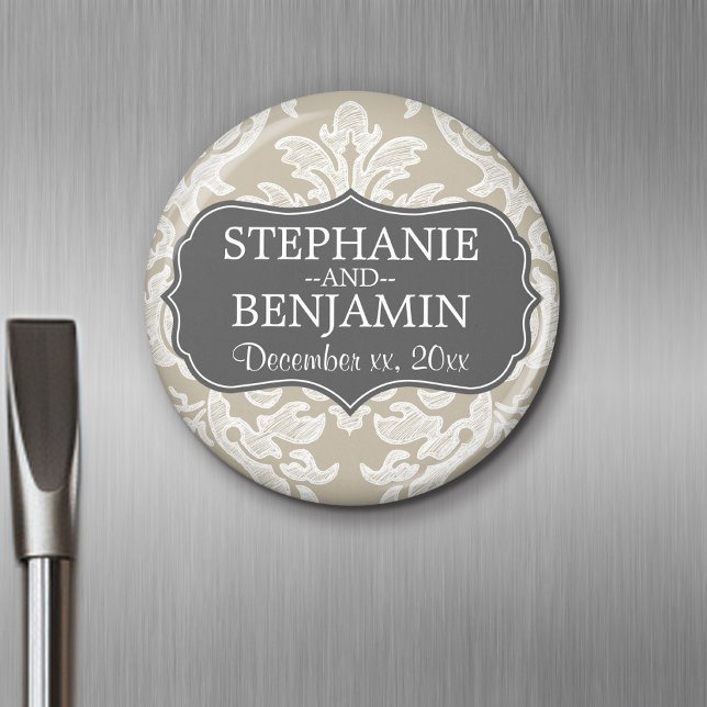 Imã Favor de casamento com padrão damasco cinza e bege (Personalized magnet)