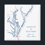 Imã Favor de Casamento de Destino de Virginia Beach<br><div class="desc">Encomendamento rápido e fácil! Estes imãs do mapa da Virgínia fazem favores de casamento da Virgínia do excelente para incluir nas bolsas de boas-vindas do seu destino de VA Beach. Mova o coração clicando em "Editar usando a ferramenta design" em "Personalizar". Apresentando um mapa da Baía de Chesapeake com Trabalho...</div>