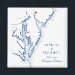 Imã Favor do Casamento Wilmington Delaware<br><div class="desc">Encomendamento rápido e fácil! Estes magnatas do mapa Wilmington Delaware fazem favores de casamento do excelente Delaware para incluir nas bolsas de boas-vindas ao casamento de destino Wilmington. Mova o coração clicando em "Editar usando a ferramenta design" em "Personalizar". Apresentando um mapa da Baía de Chesapeake com Trabalho de arte...</div>