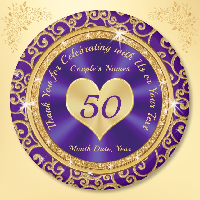 Imã Favoritos para festas Dourados do 50º aniversário  (50 year anniversary party favors. Golden wedding anniversary ideas for parents. Purple Gold Favors.)