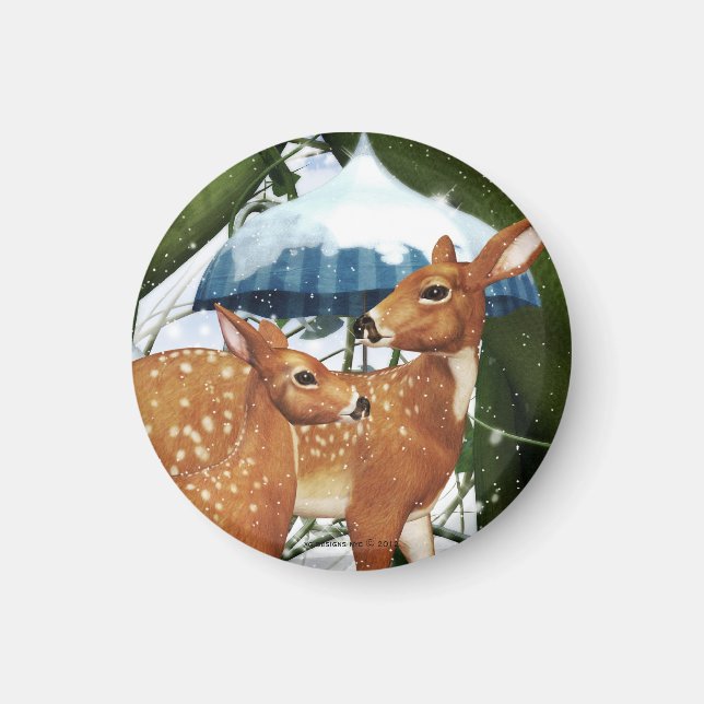 Imã Fawn Deer em Imagem Redonda de Cena de Inverno (Frente)