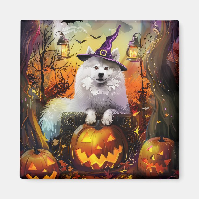 Imã Feiticeira de Halloween e Abóbora Samoyed Samoyed (Frente)