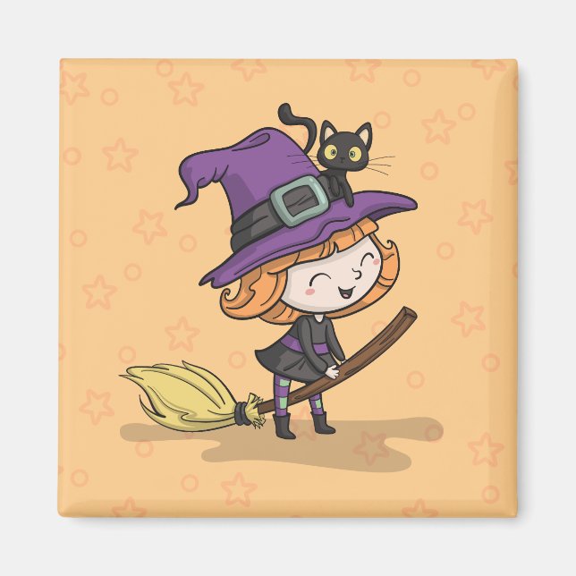 Imã Feiticeira e Gato do Halloween | Magnet (Frente)