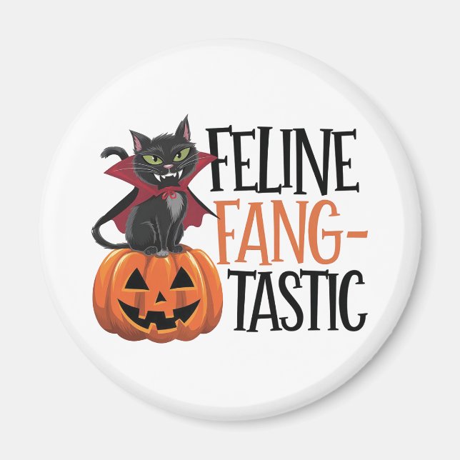 Imã Feline Fang-tastic Halloween Vamire Cat Design (Frente)