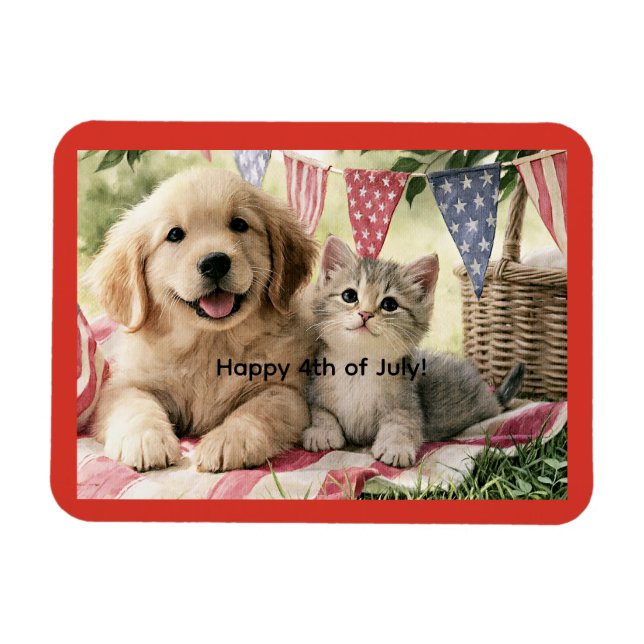 Ímã Feliz 4 de julho, cachorrinho fofo e gato tabby, (Horizontal)
