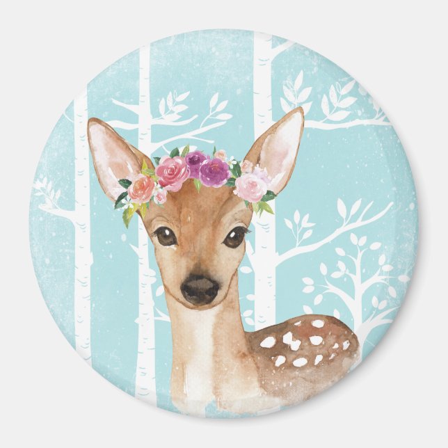 Imã Feliz Animal com Flores na Floresta Azul (Frente)