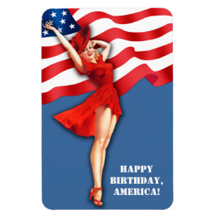 Ímã Feliz aniversário, América. Design de Pin-Up Vinta