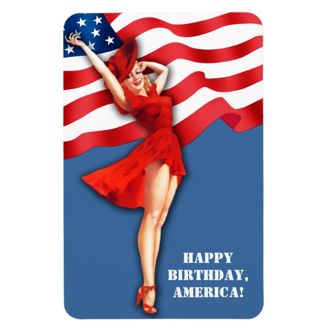 Ímã Feliz aniversário, América. Design de Pin-Up Vinta (Vertical)
