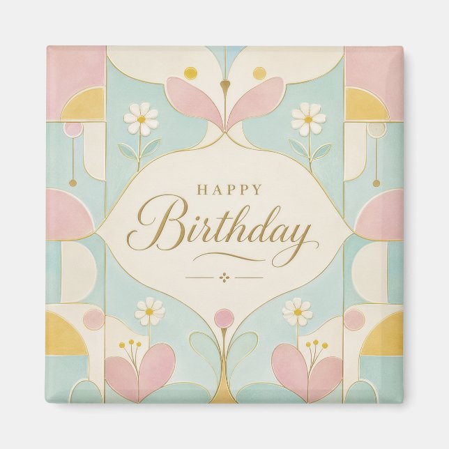 Imã Feliz Aniversário Art Déco Floral Geométrico Paste (Frente)